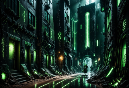masterpiece, best quality, amazing quality, very aesthetic, absurdres, newest, very awa, highres, highly detailed, detailed shading,cinematic, volumetric lighting, 35 mm photo, high detail, ultrarealistic, 8k, wide shot BREAK
underground black‑market passage in a dark SF‑fantasy city,
dimly lit, cracked ceiling and winding stairwells above let shafts of daylight fall like divine beams,
dust sparkling in the light, damp stone walls,
eerie and unsettling mood, accents of toxic green neon light flickering,
crowded stalls, shadowy androids and alien species bartering ,Necron,electricity, green glow, green theme
 <lora:add-detail-xl:1> <lora:cfg_scale_boost:0.4> <lora:Necron_World_XL:1>
