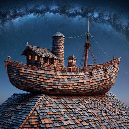 mad-shingles, score_9, score_8_up, score_7_up, score_6_up, score_5_up, score_4_up score_9,score_8_up, a realistic old ship made out of Roof Shingles against the dark starry sky made out of Roof Shingles