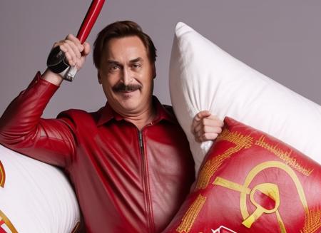 Mikelindell person ((wearing red leather bodysuit)) (((holding a pillow with Russian hammer and sickle))) ((fire))