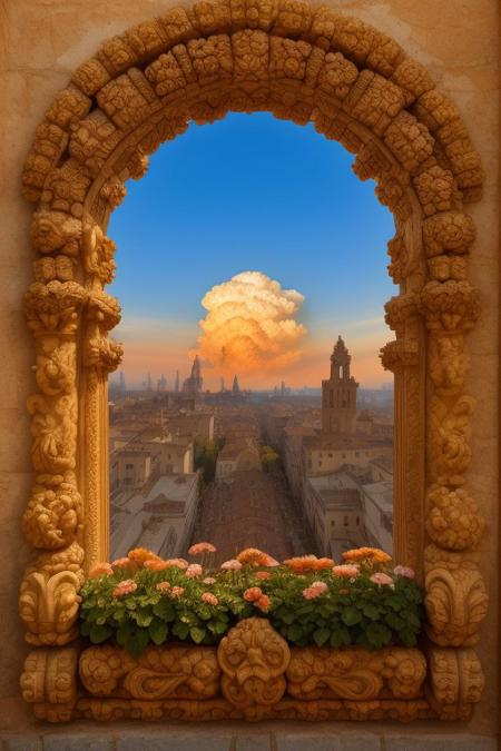 Cloud,style of Giuseppe Arcimboldo, Renaissance style concept of an ancient city scape seen through a ancient ornate window, mold, flowers, trees, and fungus growing,  ornate pots of all shapes and colors, clear skies, golden hour, Vibrant colors, hd resolution, intricate details, Art Nouveau Style,