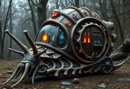 concept, a medieval styled motorhome, powered by magic crystals, themed and shaped like a snail, made up of various animal parts, includes bones shells fangs claws in its construction,
