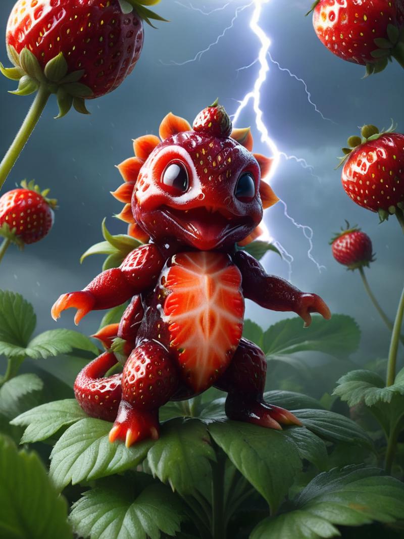 A 3D animation of a red and black creature with a strawberry on its chest, surrounded by strawberries and a lightning bolt.