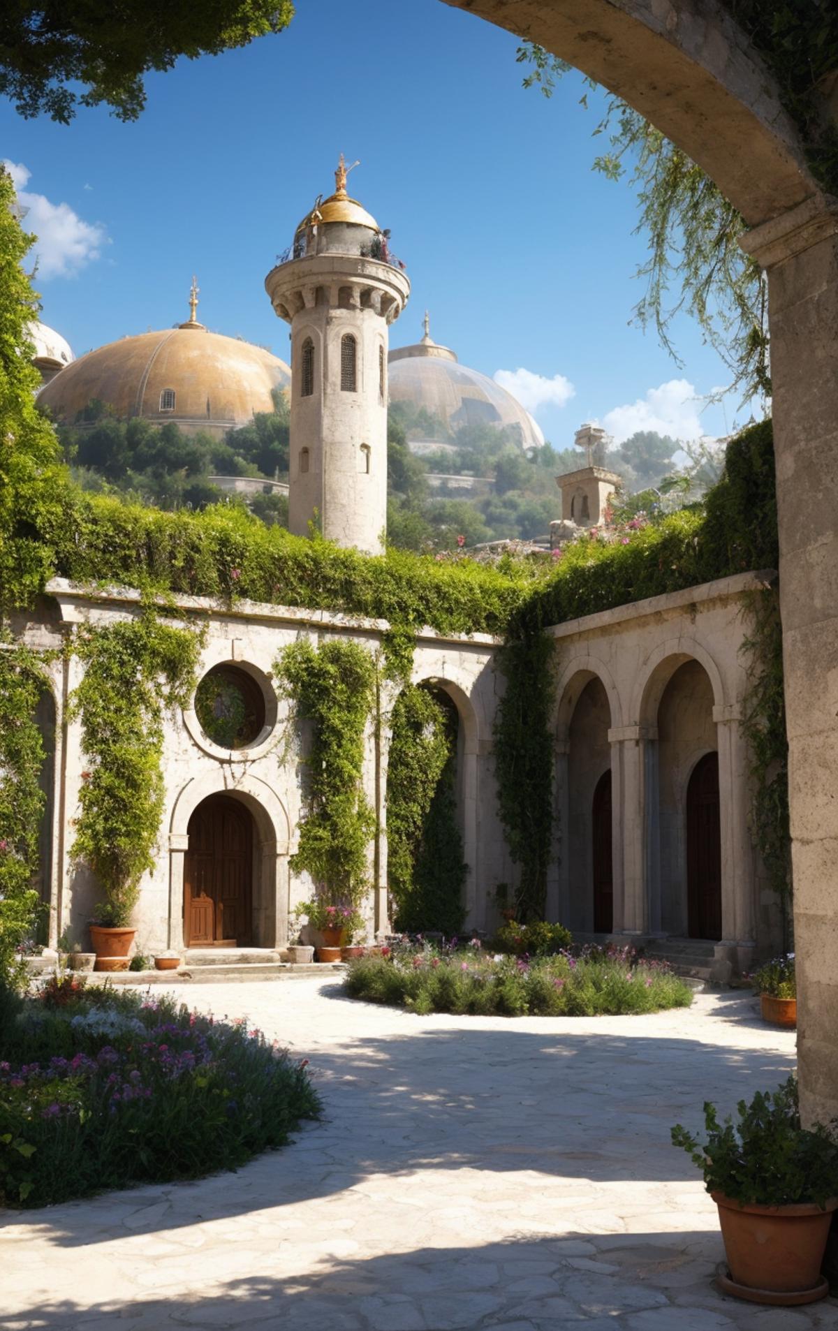 A courtyard with a building and a fountain, surrounded by greenery and flowers.