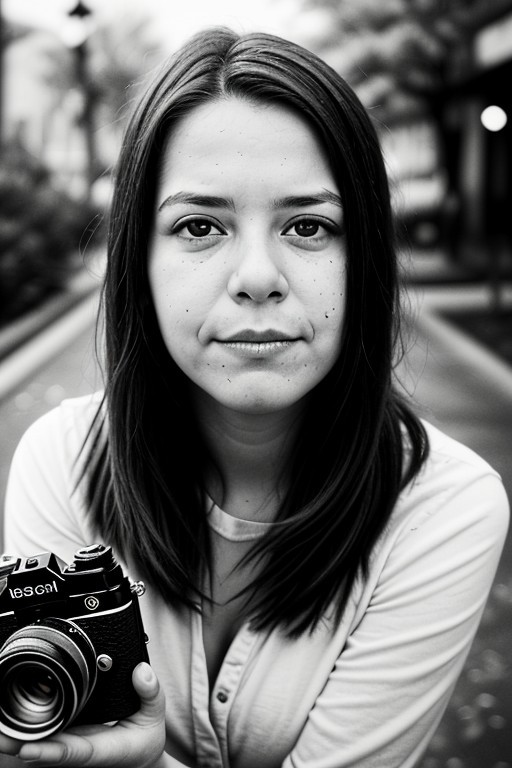 The image portrays a young woman with long, dark hair holding a vintage camera close to her face, partially obscuring one of her eyes. She gazes directly into the lens with an intense, thoughtful expression. The photograph has a distinct cinematic and nostalgic aesthetic, with soft lighting, a grainy texture, and subtle color grading that gives it a vintage, film-like quality.
Subject and Composition
The subject's face is positioned slightly off-center, drawing immediate attention to her sharp and expressive features. Her dark, well-defined eyebrows frame her deep-set eyes, which are slightly shadowed, adding to the introspective mood of the image. Her lips, which are slightly parted and tinted a natural red, contrast subtly with her smooth, pale skin. Strands of hair fall loosely across her face, reinforcing the unposed, organic nature of the portrait.
The camera she holds is an older model, silver and black with a rounded lens, possibly a vintage point-and-shoot film camera. Its reflective surface catches some light, making it a noticeable focal point. Her fingers gently rest on the camera's body, showcasing her relaxed grip, suggesting familiarity and comfort with the device. The camera partially obscures her left eye, creating an artistic and symbolic interplay between the act of capturing an image and being observed.