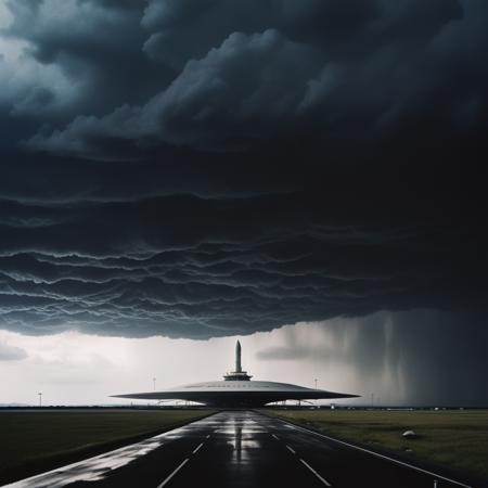 massive spaceport, dramatic dark clouds, heavy rain by Takashi Homma