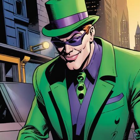 comic book art of  <lora:Riddler:1.2>
Riddler a man in a green hat and sunglasses in Gotham city universe, comic art, graphic novel illustration