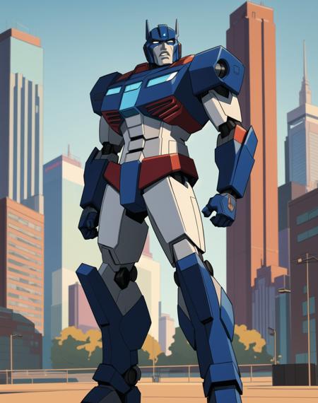 full body portrait, trasnformers, autobot, inpired by optimus prime, simple cityscape background, giant transforming robot, 4k textures, epic artistic, cartoon art, sharp focus, even lighting, insane details, intricate details, hyperdetailed, rich colors, staring at viewer, looking into camera, childrens cartoon aesthetic, saturday morning cartoon aesthetic