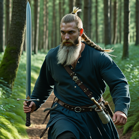 side view,  IllusP0s, lazypos, side view, full body, (masterpiece, best quality), detailed face, 4k, 8k, man, Nordic male sword in hand runnig away in forest, <lora:NordicByNature:1>, long hair, facial hair, White beard, male with braids, sword in hand,