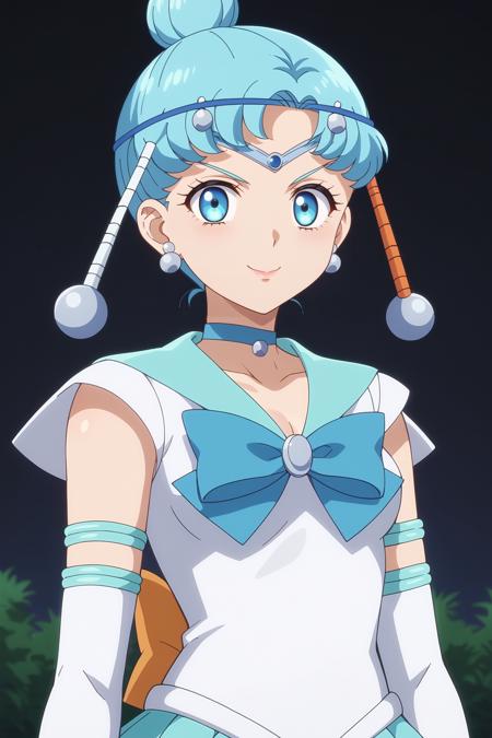 1girl, pallapalla \(sailor moon\), bishoujo senshi sailor moon crystal, blue eyes, blue hair, short hair,single hair bun, pallaout, jewelry, necklace, blue leotard, bare shoulders, cleavage,  earrings, forehead jewel, sailor senshi uniform, aqua skirt, white gloves, earrings, circlet, blue bow, blue skirt, elbow gloves, blue sailor collar, blue choker,  anime coloring, anime screencap, 