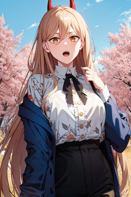 masterpiece, (ultra detailed background, delicate pattern, intricate detail), (highly detailed, fine details), best quality, beautiful lighting, csm anime style, PowerV2, 1girl, solo, long hair, blonde hair, red horns, cross-shaped pupils, (symbol-shaped pupils, hyperdetailed eyes, hyperdetailed pupils), yellow eyes, sharp teeth, complex detailed background,  blue sky, day, outdoors, medium hair, open mouth, (cowboy shot), blue jacket, white collared shirt, black pants, <lora:PowerV2:0.8>