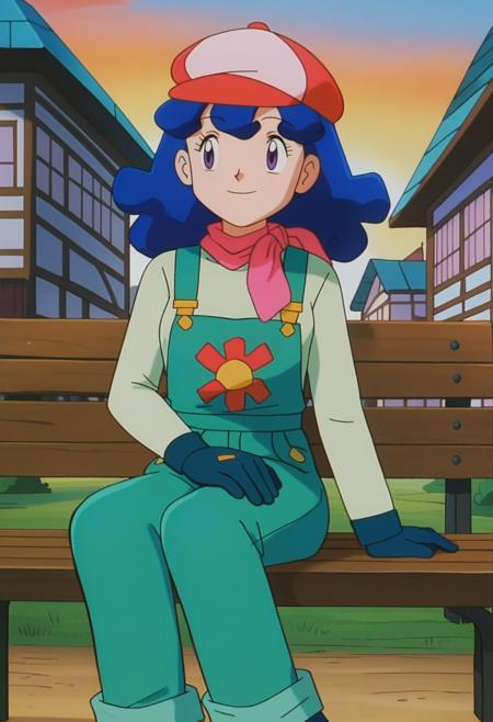 PMYasL, blue hair, medium hair, purple eyes, red hat, pink scarf, light green shirt, blue gloves, green overalls, long sleeves, green pants, blue shoes,