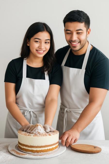 Cheerful young woman and man mixing cake with flour, making, on a table. "Isolated on white background", "wide shot", apron, sri lankan, uncropped, looking at the cake, holding a cake