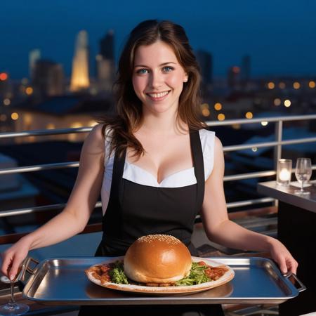 A headless waitress in a rooftop restaurant holding her disembodied head on a tray, headless, <lora:xl_disembodied_v2:1.8>, disembodied head, (masterpiece), best quality, expressive eyes, perfect face, a photograph of a young woman, 18 years old, (disembodied head on a tray:1.3), standing, straight hair, young woman, brown hair, pale skin, brown eyes, waitress outfit, cleavage, holding tray, smiling, looking at viewer, eyes wide open, blue eyes, smiling, night,  people in the background, rooftop restaurant, cityscape in the background, skin surface neck,