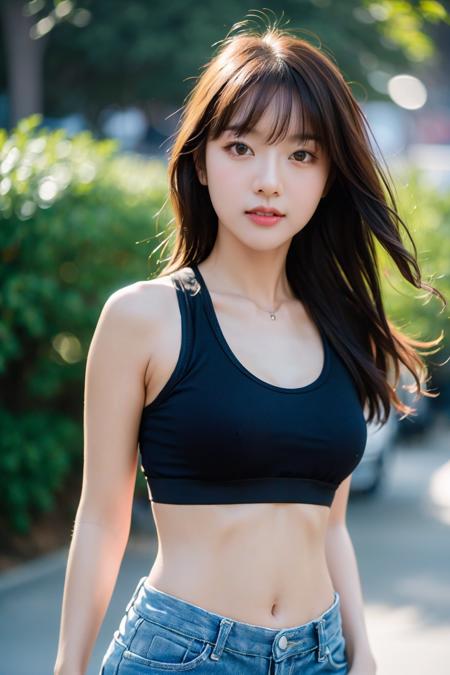 (best quality:1.4), (ultra highres:1.2), (photorealistic:1.4), (8k, RAW photo:1.2),(portrait shot:1.3), pinomyim, 1girl, solo, long hair, looking at viewer, brown hair, brown eyes, sports bra, black shirt, navel, denim shorts, outdoors, bokeh, depth of field,<lora:pinomyim-000004:0.65>