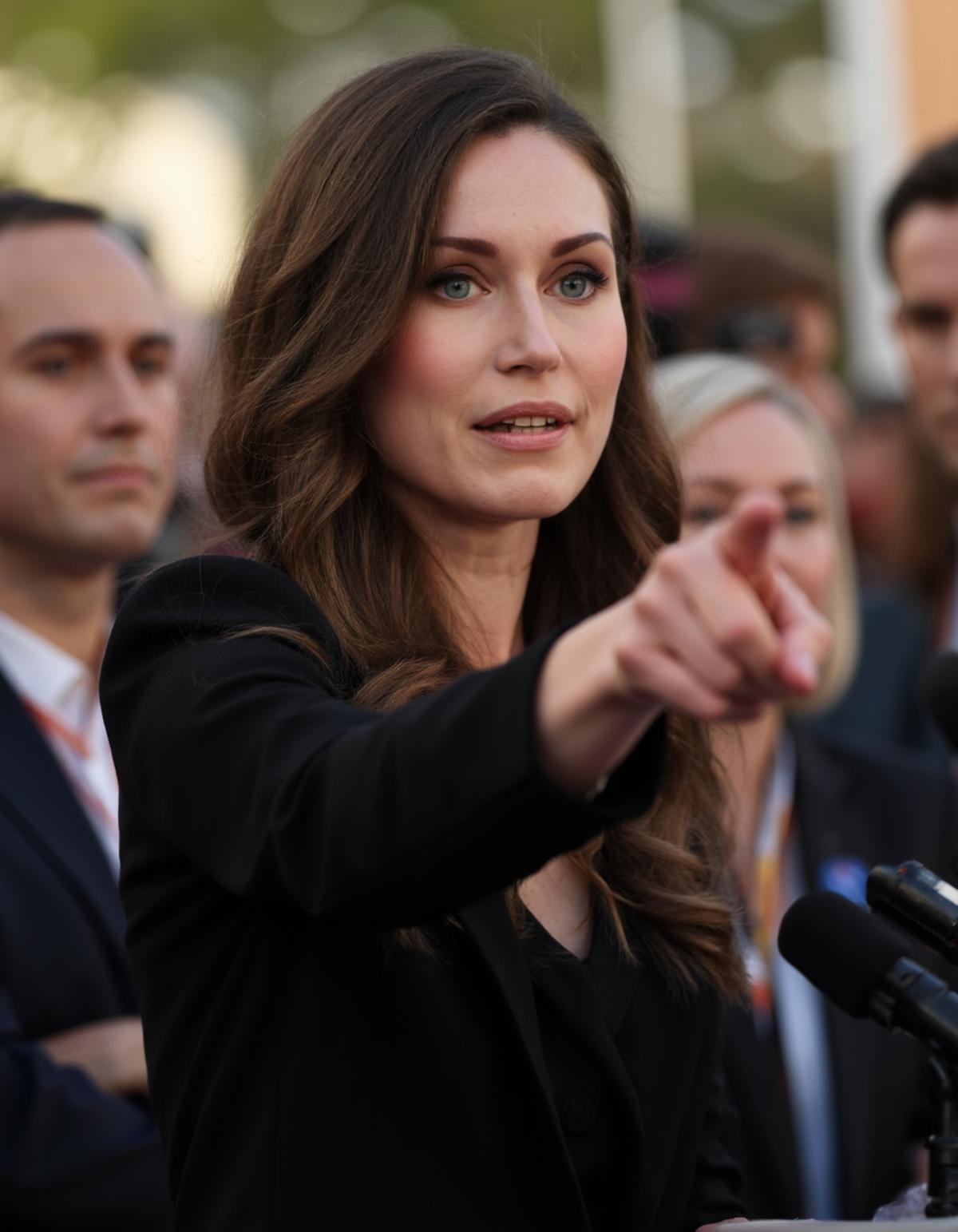 A cowboy shot portrait of Sanna Marin at a press conference. She is wearing a black dress and pointing vigourously with her hand as she addresses a crowd