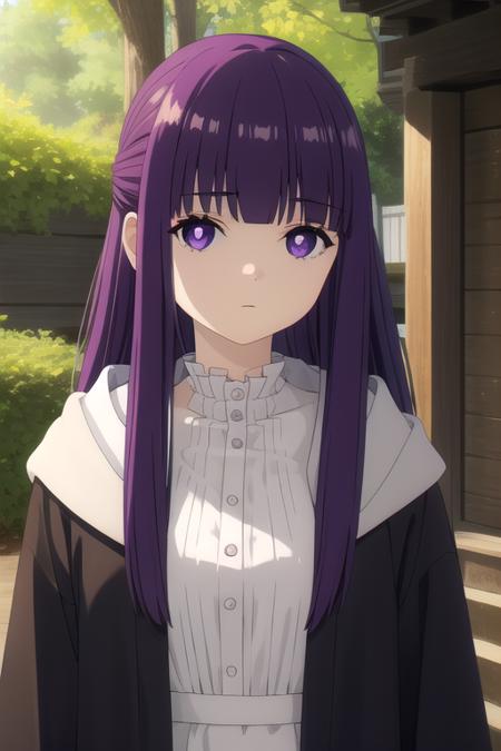 long hair,purple hair,straight hair,half updo,hime cut,sidelocks,blunt bangs,purple eyes,bright pupils,white pupils hooded robe,hood down,black robe,white shirt,frills,buttons,long sleeves,medium breasts,long skirt,white skirt,black boots