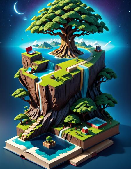 isometric style (Digital Artwork:1.3) of (Ultrarealistic:1.3) <lora:Book_FFusion_32:0.6> a book with a tree and a box on top, isometric island in the sky, 3 d epic illustrations, fantasy book illustration, encyclopedia illustration, detailed book illustration, fantasy rpg book illustration, isometric voxel art, isometric invironment, isometric illustration, 3 d illutration, isometric art, high quality voxel art,CGSociety,ArtStation,(Abstract Art:1.3),(Surrealism Art:1.3),(Geometric Abstract Art:1.3) . vibrant, beautiful, crisp, detailed, ultra detailed, intricate