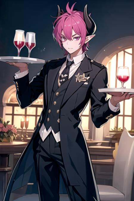 <lora:DioBurningCanyon-08:0.7> ,diogc, solo, short hair, 1boy, purple eyes, pink hair, male focus, necktie, horns, pointy ears, cup, formal, suit,alcohol, drinking glass, tray, wine glass, wine, monocle, butler