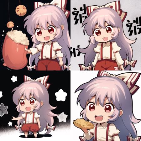 1girl,very long hair, suspenders, long sleeves,red eyes, white hair, bow,ribbon, hair bow, pants, hair ribbon, shirt, multiple hair bows,<lora:mokou:1>, :D,<lora:jokanhiyou:0.6>, white background