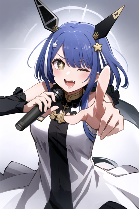 <lora:Hoshino Ai's Pose 2:0.8>, ai's pose, 1girl, solo, smile, open mouth, one eye closed, star (symbol), symbol-shaped pupils, pointing, microphone, simple background, <lora:gascogne_2in1-000007:0.8>, gascogne \(azur lane\), white dress, headgear