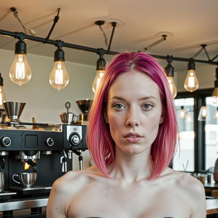 close up analogue photo of a beautiful 25 years (((albino woman:1.5))) with (magenta dyed hair:1.5) (((pale skin:1.5))), white hair, <lora:Lumiya_SDXL:0.6>, A barista in her mid-twenties adjusts the espresso machine under warm pendant lights in a minimalist café, soft cinematic shadows and a touch of steam in the frame.