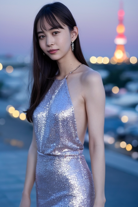 1girl wearing a glittery dress,in front of Tokyo Tower,(RAW photo, best quality), (realistic, photo-realistic:1.4), masterpiece, an extremely delicate and beautiful, extremely detailed, 2k wallpaper, Amazing, finely detail, extremely detailed CG unity 8k wallpaper, ultra-detailed, highres, soft light, beautiful detailed girl, extremely detailed eyes and face, beautiful detailed nose, beautiful detailed eyes,perfect anatomy,soft light,slender body,standing,city lights at night