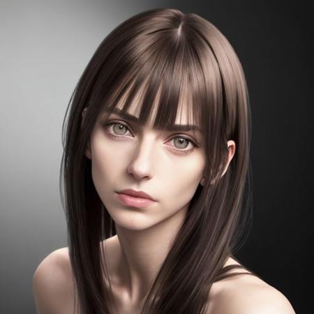 ASCIIHyper realism, hyper realistic, fine detail, pro render, Portrait, pose angle:
? kaytest2 ? Female, German, adult, tall, skinny, petite. Head, oblong. Face, oblong. Nose, small, dainty. (Hair, long, (bangs), layered.) Ears, small, flat, square. Eyes , deep set. Mouth, wide, overbite.