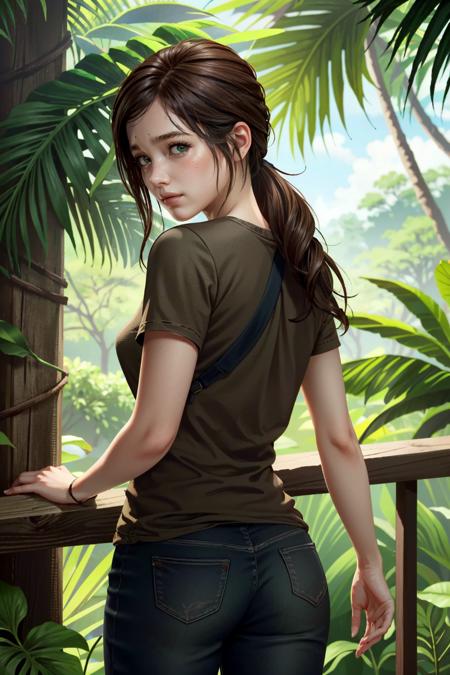 ((masterpiece, best quality))
<lora:TLOUEllie:0.8>
TLOUEllie, 1girl, solo, brown hair, long hair, green eyes, in a lush jungle with vibrant flowers, from behind, looking back