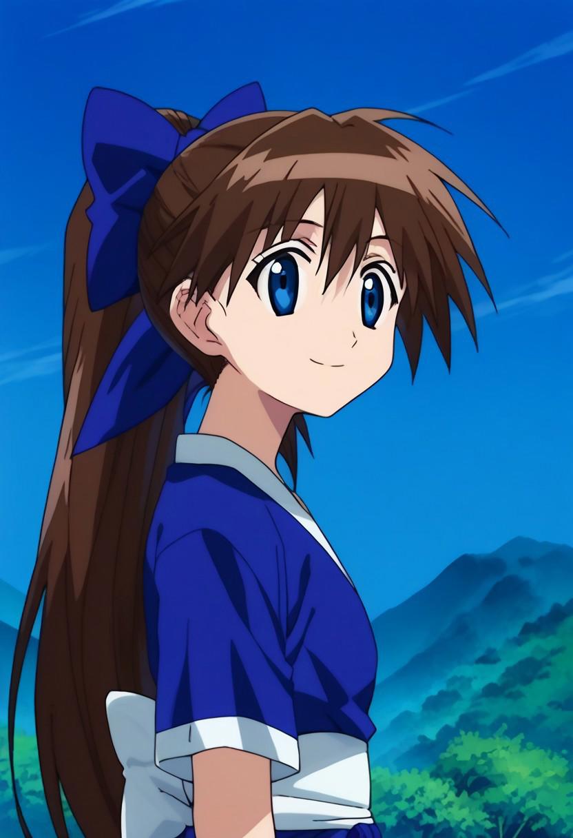 score_9, score_8_up, score_7_up, source_anime, highly detailed, 
suzuaira, 1girl, solo, brown hair, long hair, ponytail, blue eyes, bow, hair bow, blue bow, japanese clothes, shirt, blue shirt, short sleeves,
outdoor, island, palms, sky, upper boy, smile,