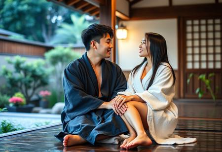 On a summer night, a young Japanese husband with short black hair had just finished taking a shower. He walked out of the Japanese house in a dark blue bathrobe and came to the Japanese garden. He sat on the wooden floor with his back against the wooden beam to enjoy the cool air.
His young Japanese wife with long straight black hair also finished her shower. She came to her husband in a white bathrobe, leaned her back against his chest and sat on his lap as if he were a chair.
The husband speaks love words in his wife's ear, and she smiles as she listens. The atmosphere is romantic, beautiful, and full of Japanese style.
FHD, Rich in details, masterpiece.