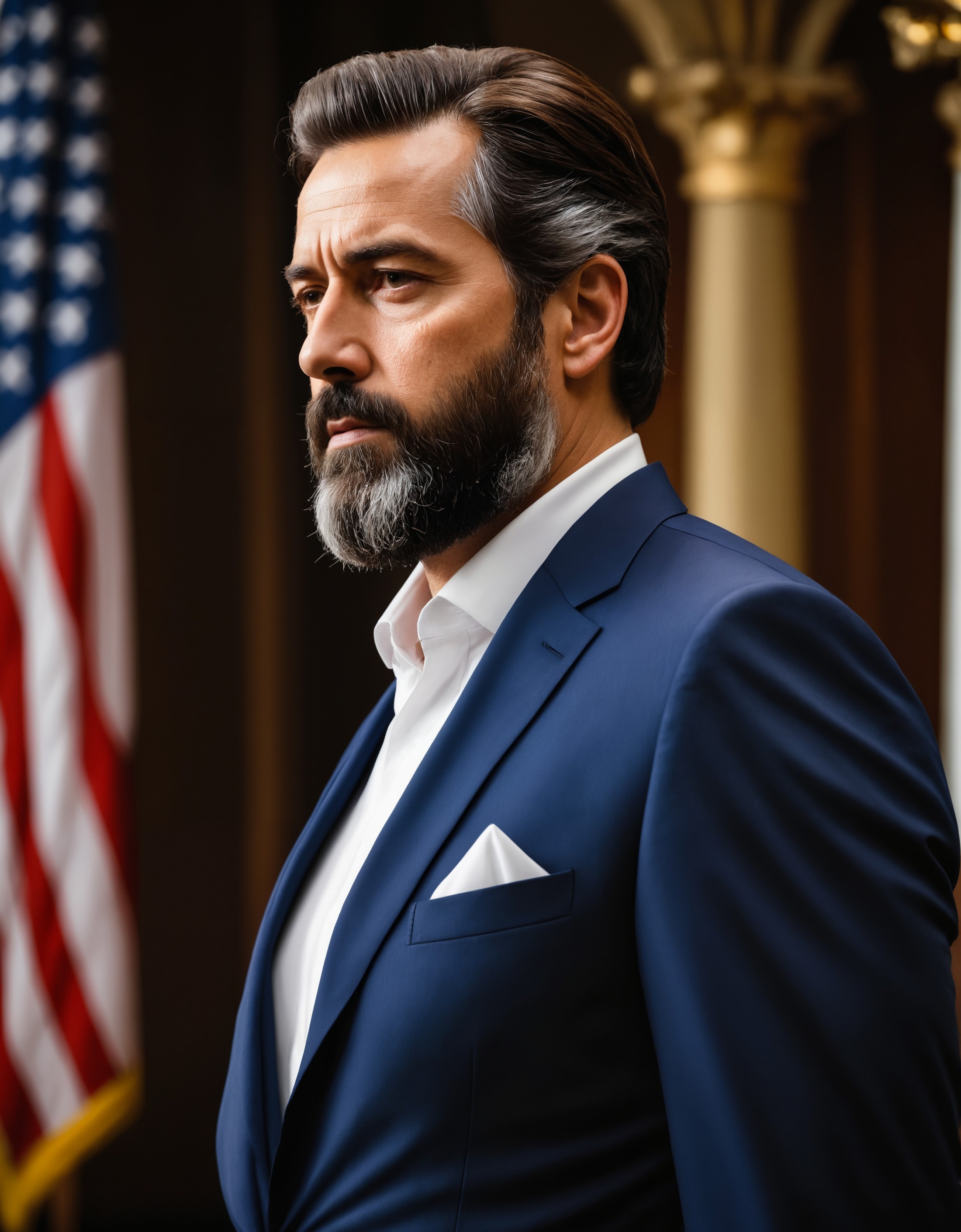 A bewitching man with a beard as the president of the united states, 8k photorealistic, cinematic lighting, HD, high detai...