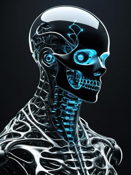 An enthralling 3D render unveils a dark fantasy mechanical neck spine system, envisioning a futuristic and sinister concept. The spine is intricately detailed, incorporating fiber optic neurons that interconnect with a polished, transparent helmet. The helmet houses electronic-optical eyes that emit a subtle, enigmatic glow, contributing to the ominous appearance. The design masterfully merges advanced technology with the macabre, eliciting a sense of enigma and captivation. This conceptual artwork prompts the viewer to contemplate the intersection of technology and dark fantasy, evoking a blend of fascination and discomfort.