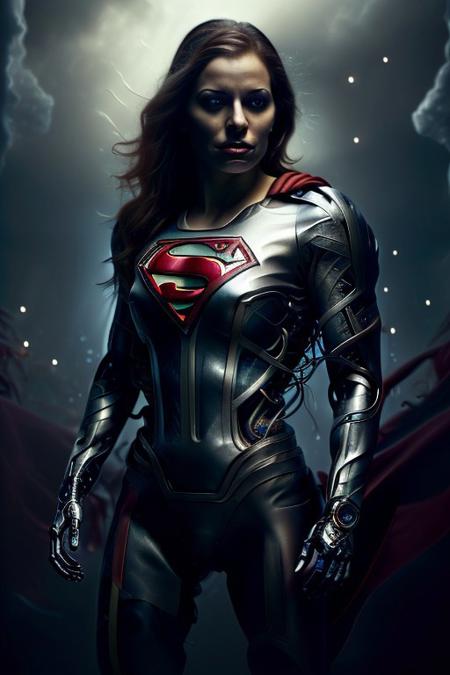 cinematic film still silverpulse, cyborg supergirl, 'S' Logo on chest, red cape, simple background, high quality, artistic, vibrant colors, detailed textures. futuristic sleek/glossy silver and blue glow, vibrant colors, detailed textures., Concept art, cyborg, background, vintage, modern, SilverPulse, superman_oc, <lora:SilverPulseMorphXL:0.8>, excellent composition, artistic, highly detail, holy, sunny, dynamic dramatic beautiful full taking . shallow depth of field, vignette, highly detailed, high budget, bokeh, cinemascope, moody, epic, gorgeous, film grain, grainy,  face focus, face close up,