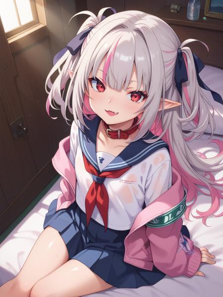 seifukuririmu grey hair,streaked hair,pink hair, red collar,armband,long hair,two side up,hair ribbon,black ribbon,sailor collar,red neckerchief,serafuku,white shirt,pink jacket,sleeves past wrists,open clothes,off shoulder,pleated skirt,black skirt,leg tattoo,multicolored hair,pointy ears,collar,neckerchief,