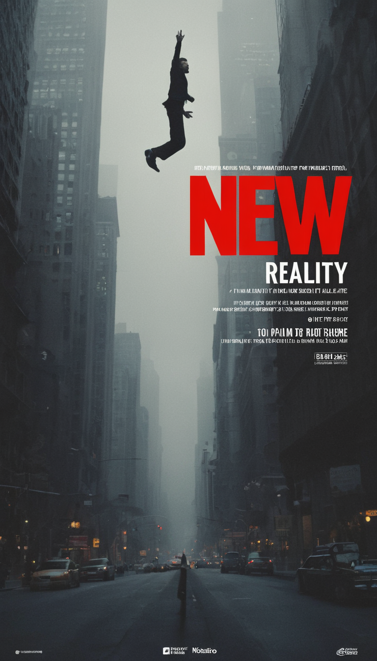 A movie poster for 9:16 aspect ratio, ('NEW REALITY' title:1.3) (overlaying the scene on top:1.2), vertical composition, b...