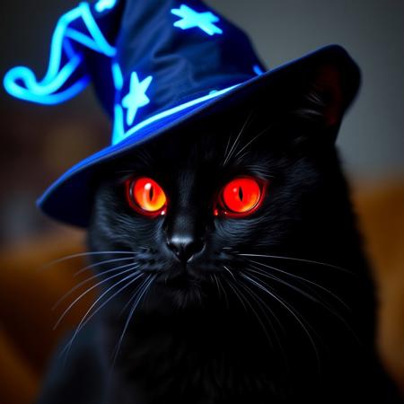 a solid black american shorthair cat has glowing red eyes and is wearing a wizard's hat that is glowing neon blue