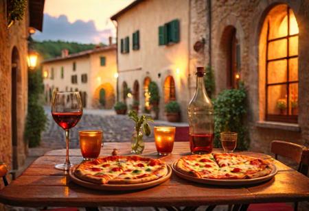 a small Italian bistro in a small town in Tuscany, outside, warm summer evening, pizza and wine on table, chianti bottle, lanterns, (best quality, 4k, photorealistic, HD, UHD, HDR)