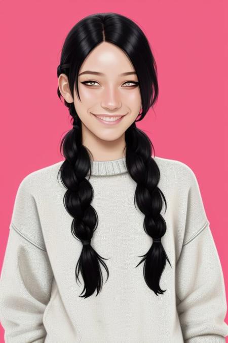 andava, 1girl, solo, smile, long hair, looking at viewer, simple background, black hair, upper body, yellow eyes, braid, sidelocks, hair over one eye, sweater, single braid, red background, hair over shoulder, braided ponytail, pink sweater, <lora:andava:0.8>