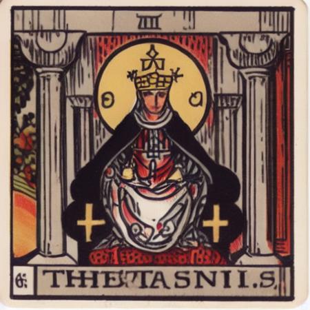 The High Priestess tarot card shows a woman sitting between two pillars, one black and one white, with the letters B and J on them. She wears a blue robe and a crown with a crescent moon. She holds a scroll with the word TORA on it and has a cross on her chest. Behind her is a veil with pomegranates on it. The card represents intuition, mystery, and the divine feminine <lora:Tarot:1>