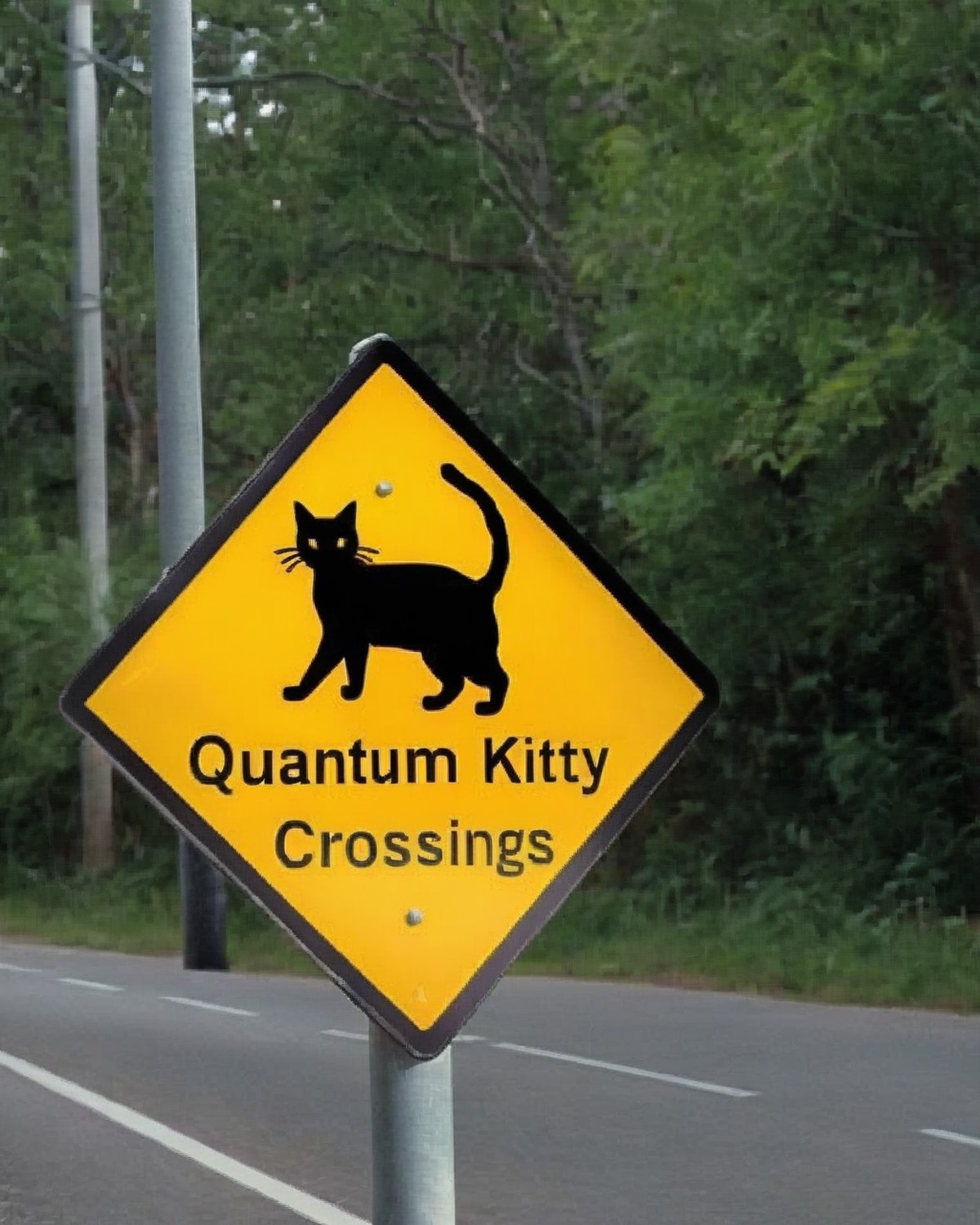 a photo of a road sign , Caution: Quantum Kitty Crossings:1.4, a sign indicating the presence of "Quantum Kitty Crossings,...