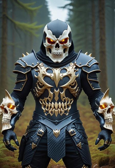 bosstyle, 1man, Skull armor, detailed Skull armor, full mask Skull helmet, detailed Skull helmet, cf_style, gold accents, best artist, best shadows, best lighting, best textures, best contrast, masterpiece, man vs Skull monster, detailed Skull monster, Skull monster glow eyes, boss battle scene, view from man back, far_away_distance_view, boss fight view, dark forest background, <lora:Styles\SDXL\Carbon_Fiber_Style_World_Morph_SDXL_-_Snoodler_-_V2.0>