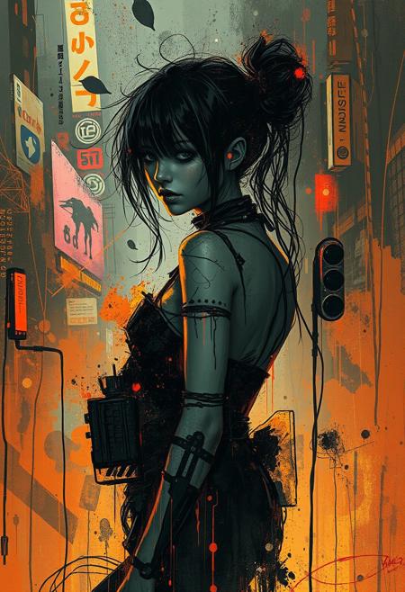 electric cyberpunk art, by Ashley Wood, young woman, deep meaningful context backgrounds,
