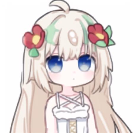 <lora:emotion:0.5> ,<lora:yuri:1>,chibi,upper body,:t,yellow hair,long hair,blue eyes, hair_flowe,flower_hair_ornament,(white dress)