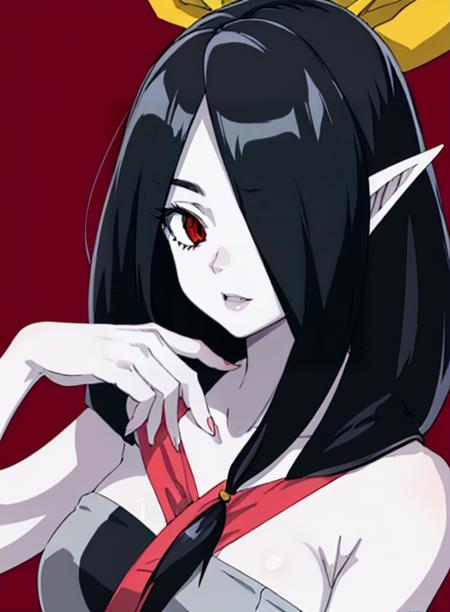 best quality, (masterpiece),(ultra-detailed), (high quality), (high resolution), <lora:mihasa:0.69> mihasa, pointy ears, hair over one eye, black hair, red eyes, pale skin, ribbon