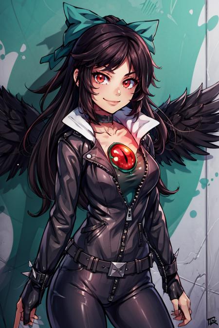 Reiuji_Utsuho_Touhou,  1girl, reiuji utsuho, solo, bow, long hair, third eye, red eyes, black wings, bird wings, arm cannon, green skirt,