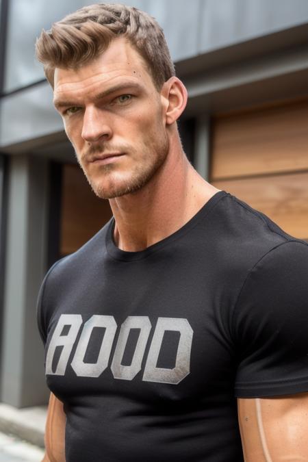 a tall muscular man, on the street surrounded by hoodlums, black tee shirt, ready for action, (close up, head shot), candid, amateur, (raw, 8k, uhd, fujifilm xt3), sharp, warm cinematic lighting, <lora:alanRitchson:1>