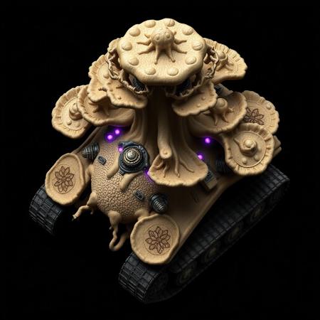 ((top view)), (tank),
Tall tank with fungal tower rising from the center and spreading cap-like armor out over the body.
Chassis: Coral-like chitin plating, semi-organic with branching root textures. Slight iridescence in shifting light.
Tracks: Short, stocky treads with fungal lattice stabilizers over each corner.
Details: Central tower leaks bio-mist during idle. Crust-like armor plates pulse faintly as mycelial network reconfigures.
Lights: Purple luminescence from fungal nodes. Spore lamps blink in repeating bio-patterns.