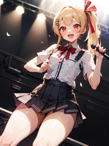 otonose_kanade, hololive, 1girl, solo,
blonde_hair, long_hair, red_eyes, side_ponytail,
cute, 
looking_at_viewer, :d, 
thighs, school_uniform, shite_shirt, skirt,
stage, stage_lights, stage_curtains,