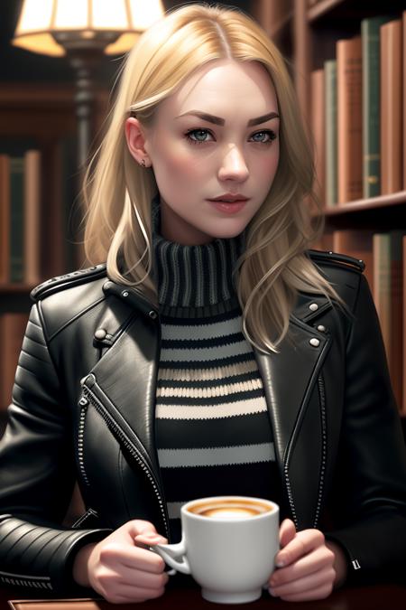 photo of (str4h0vski), a woman in a (leather jacket:1.2), (wearing a striped sweater:1.2), modelshoot style, (extremely detailed CG unity 8k wallpaper), photo of the most beautiful artwork in the world, professional majestic oil painting by Ed Blinkey, Atey Ghailan, Studio Ghibli, by Jeremy Mann, Greg Manchess, Antonio Moro, trending on ArtStation, trending on CGSociety, Intricate, High Detail, Sharp focus, dramatic, photorealistic painting art by midjourney and greg rutkowski, (holding 1 cup of coffee:1.1), (sitting on a chair:1.2), (in a library:1.3), (looking at viewer), (detailed pupils:1.3)