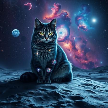 Create an image of a majestic, cosmic cat sitting on the lunar surface. The cat’s fur should shimmer with deep blues and purples, resembling the night sky, with stars subtly twinkling throughout its coat. Its eyes are vast galaxies, swirling with bright nebulae, stars, and cosmic dust. The lunar surface beneath the cat is detailed with craters and rocky textures, reflecting the light of a distant star. In the background, the cosmos is vibrant and alive, with colorful nebulae, distant galaxies, and clusters of stars filling the sky, creating a sense of infinite depth and wonder. The overall scene should feel otherworldly, mystical, and awe-inspiring.